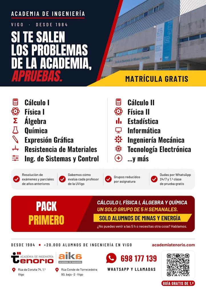 Pack Primero para los grados de Minas y Energía de la UVigo en Academia Tenorio, Vigo